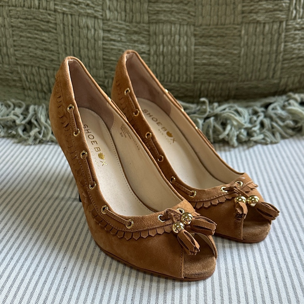 Tan Peep Toe Heels with Tassel Accents
